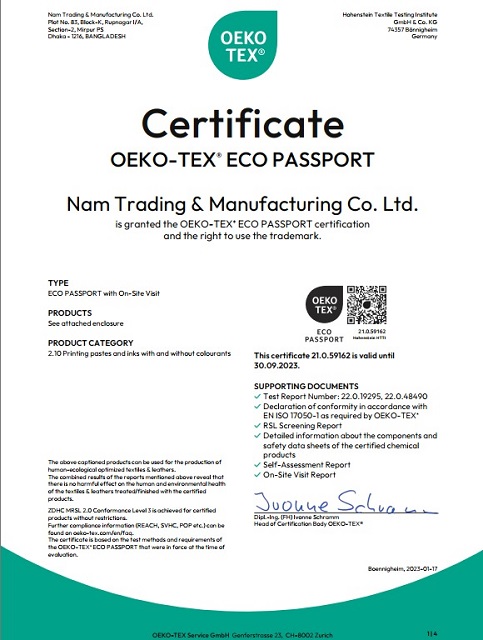 Dysin Group receives Oeko-Tex ECO-PASSPORT certification